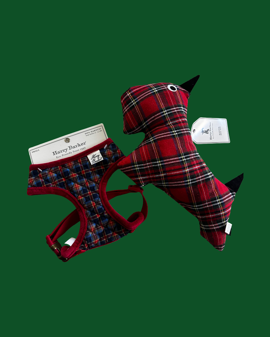 Harry Barker Quilted Harness + Soft Plaid Squeaker Toy Set - Small