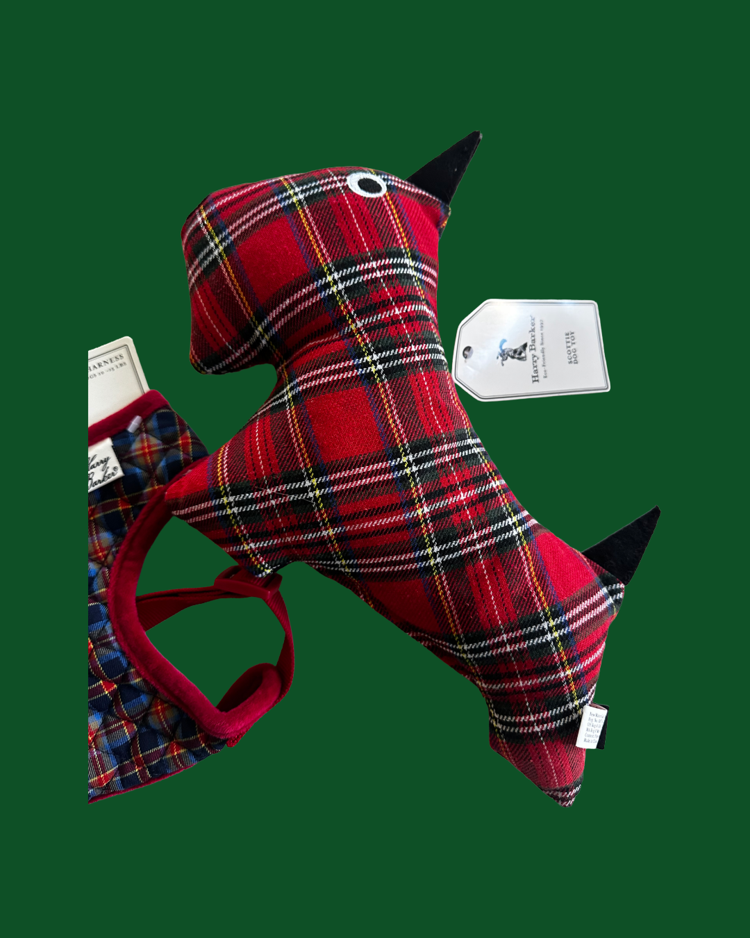 Harry Barker Quilted Harness + Soft Plaid Squeaker Toy Set - Small