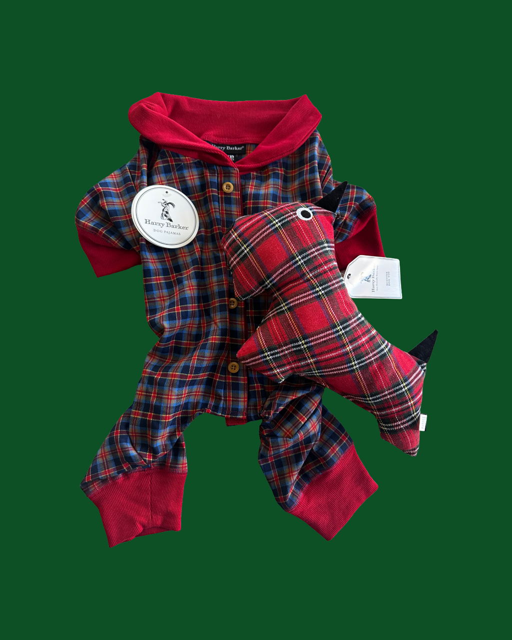 Harry Barker Holiday Plaid Soft Pajamas + Soft Plaid Squeaker Dog Toy Set