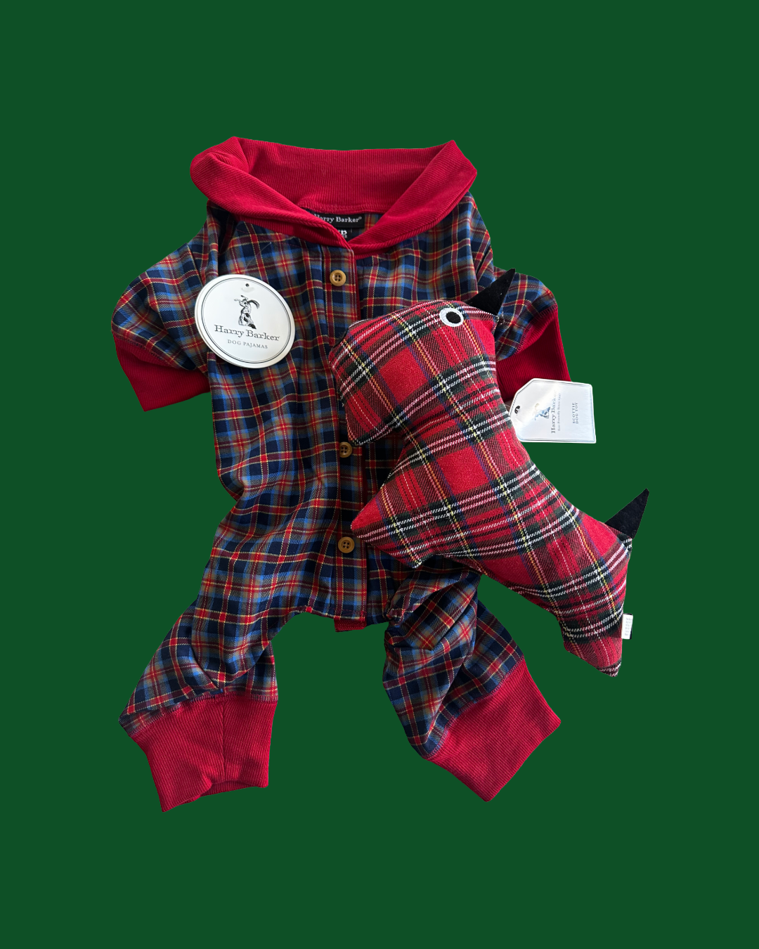 Harry Barker Holiday Plaid Soft Pajamas + Soft Plaid Squeaker Dog Toy Set