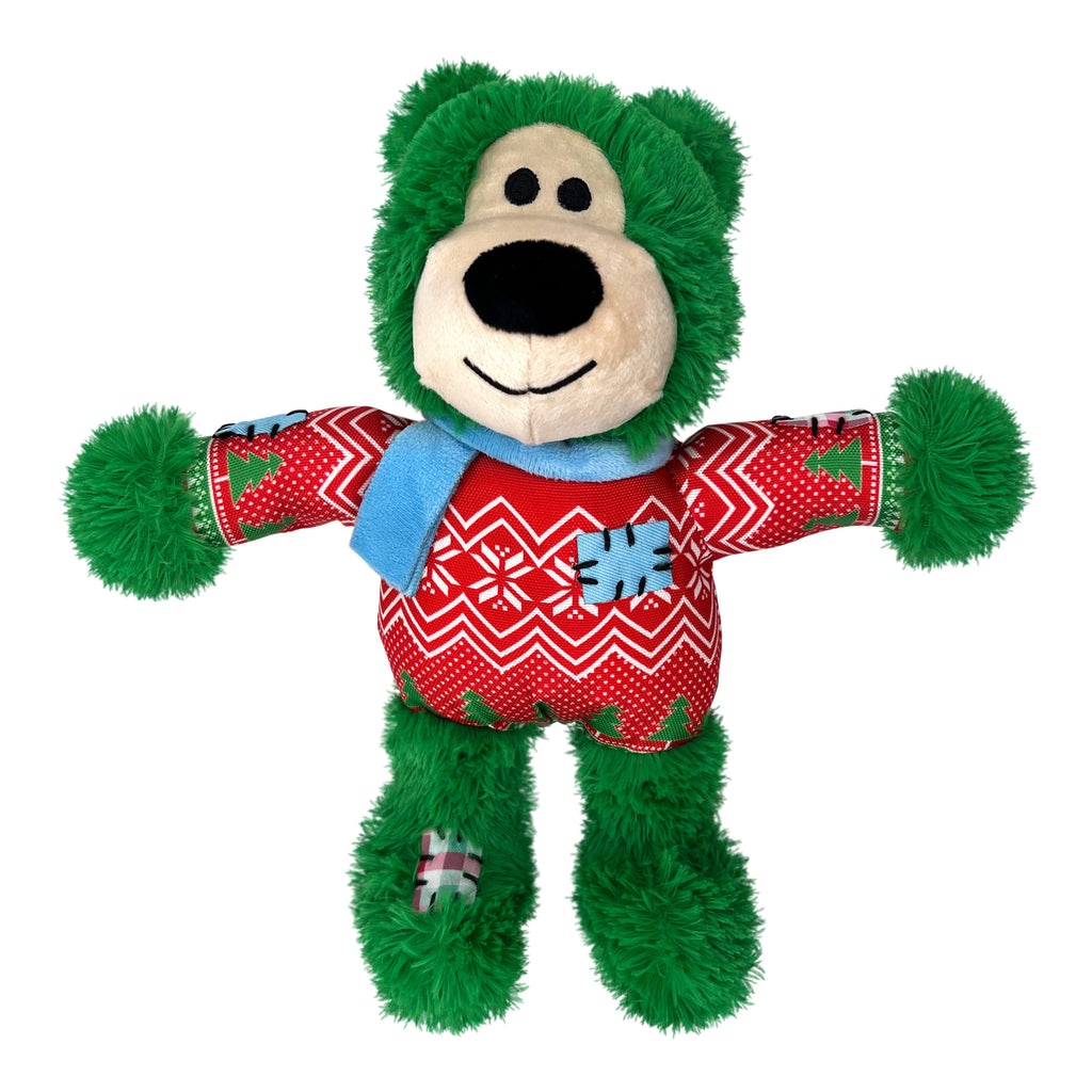 KONG Holiday Wild Knots Bear Super Soft Squeaky Dog Toy - Green M/L 10" x 7.25"
