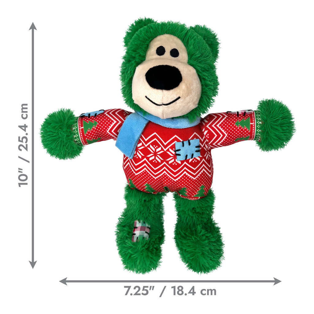 KONG Holiday Wild Knots Bear Super Soft Squeaky Dog Toy - Green M/L 10" x 7.25"