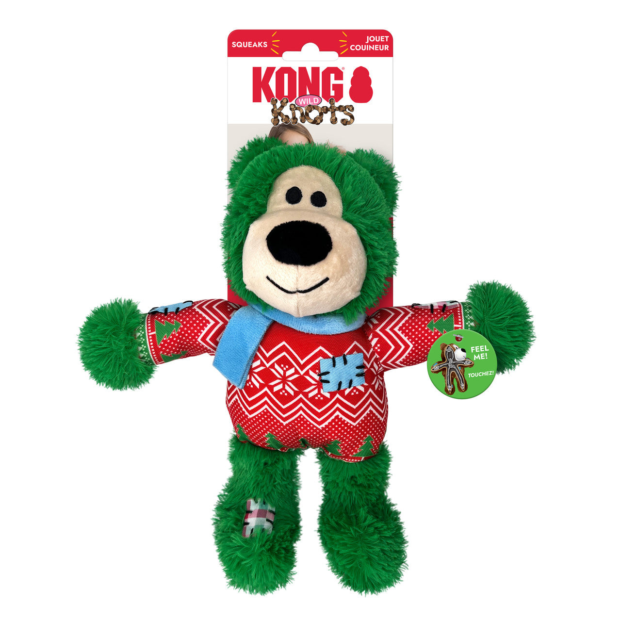 KONG Holiday Wild Knots Bear Super Soft Squeaky Dog Toy - Green M/L 10" x 7.25"