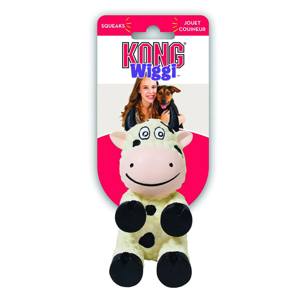 KONG Wiggi Cow-Shaped Squeaky Rubber Dog Toy Light Chew - Small 5.25"