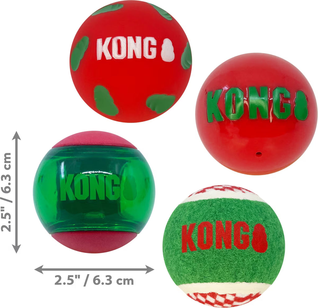 KONG Christmas Gift Holiday Occasions Balls Dog Fetch Toy - 4 Pack - Medium