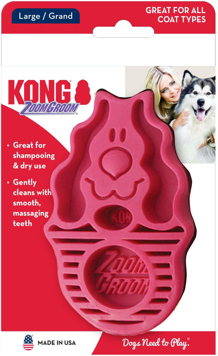 KONG Dog ZoomGroom Multi-Use Gentle Rubber Brush - Large 4.75" Raspberry